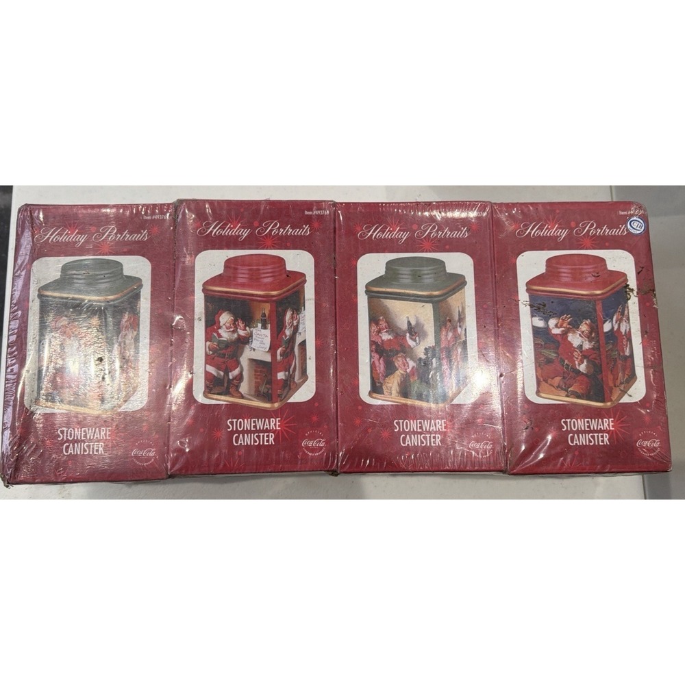 Complete Set Of 4 Sakura Santa Coca Cola Stoneware Canisters Christmas New !!